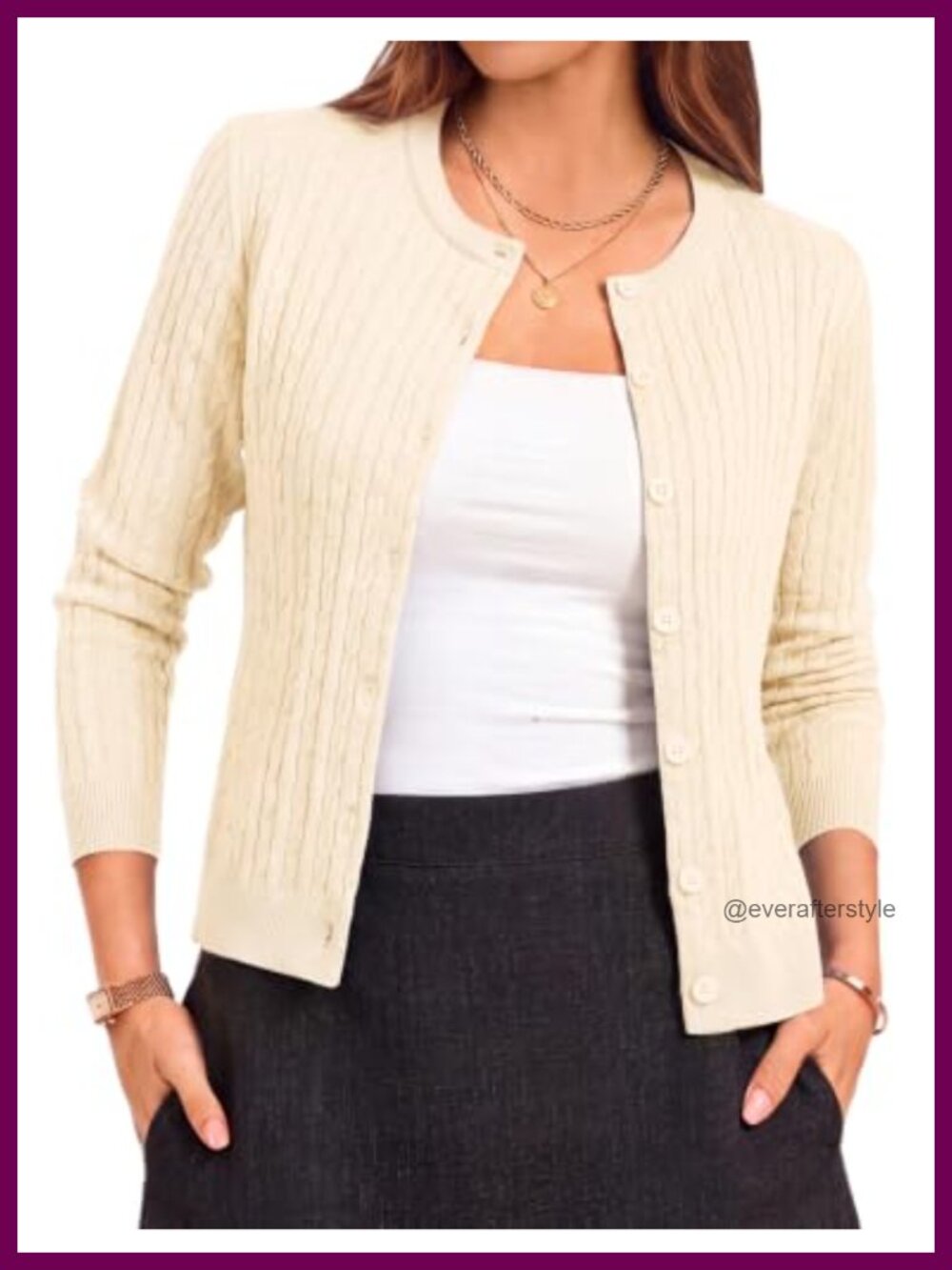 Cable Knit Cardigan Lightweight Button Down Crew Neck Long Sleeve